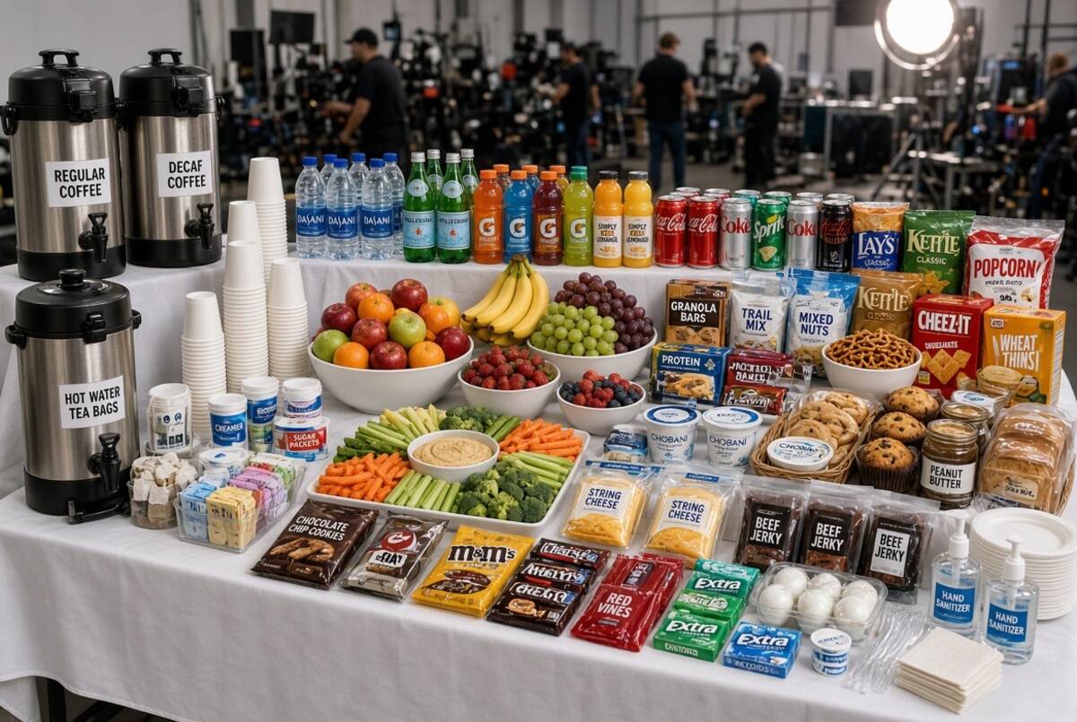 Full craft services and catering spread on a sound stage