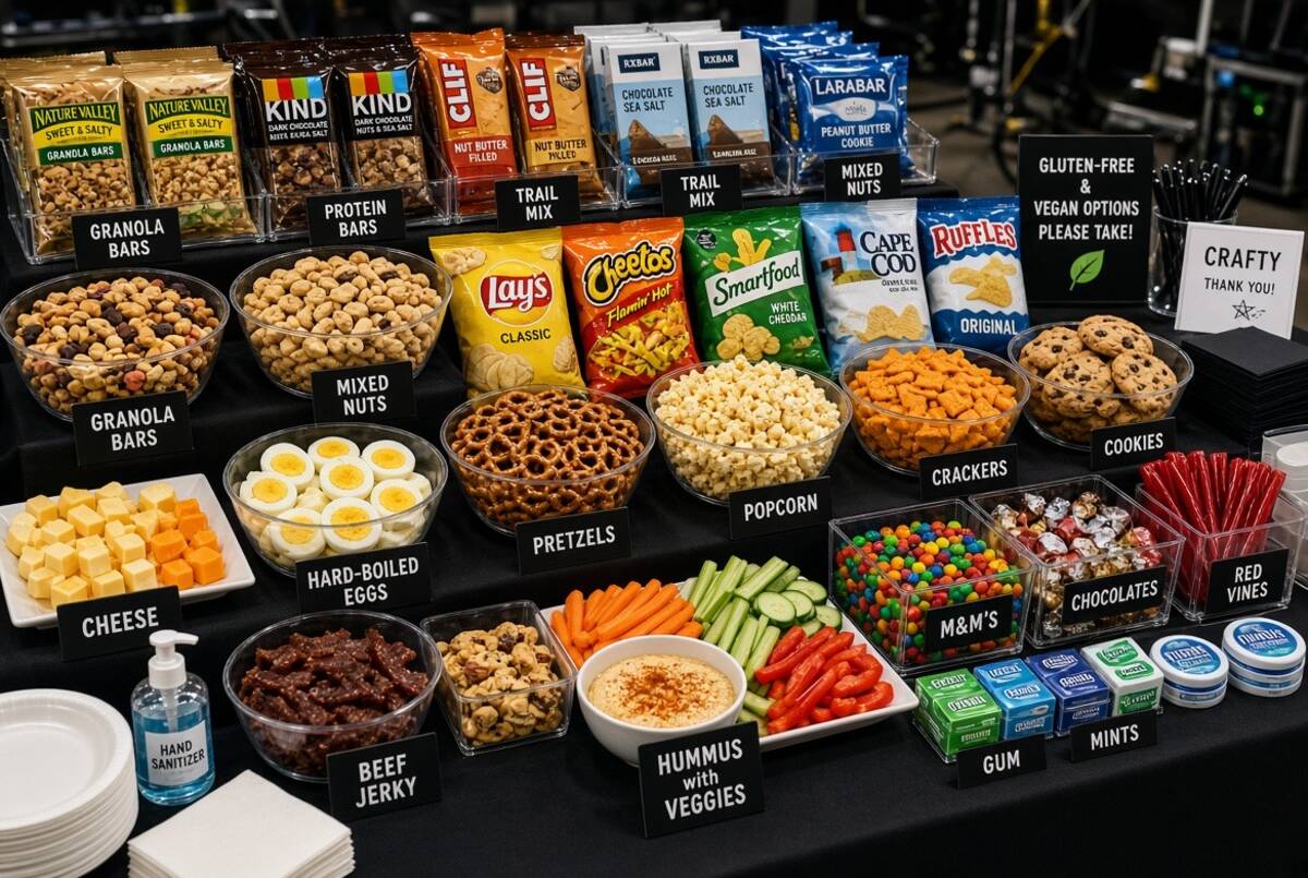 Labeled craft services table on a production set